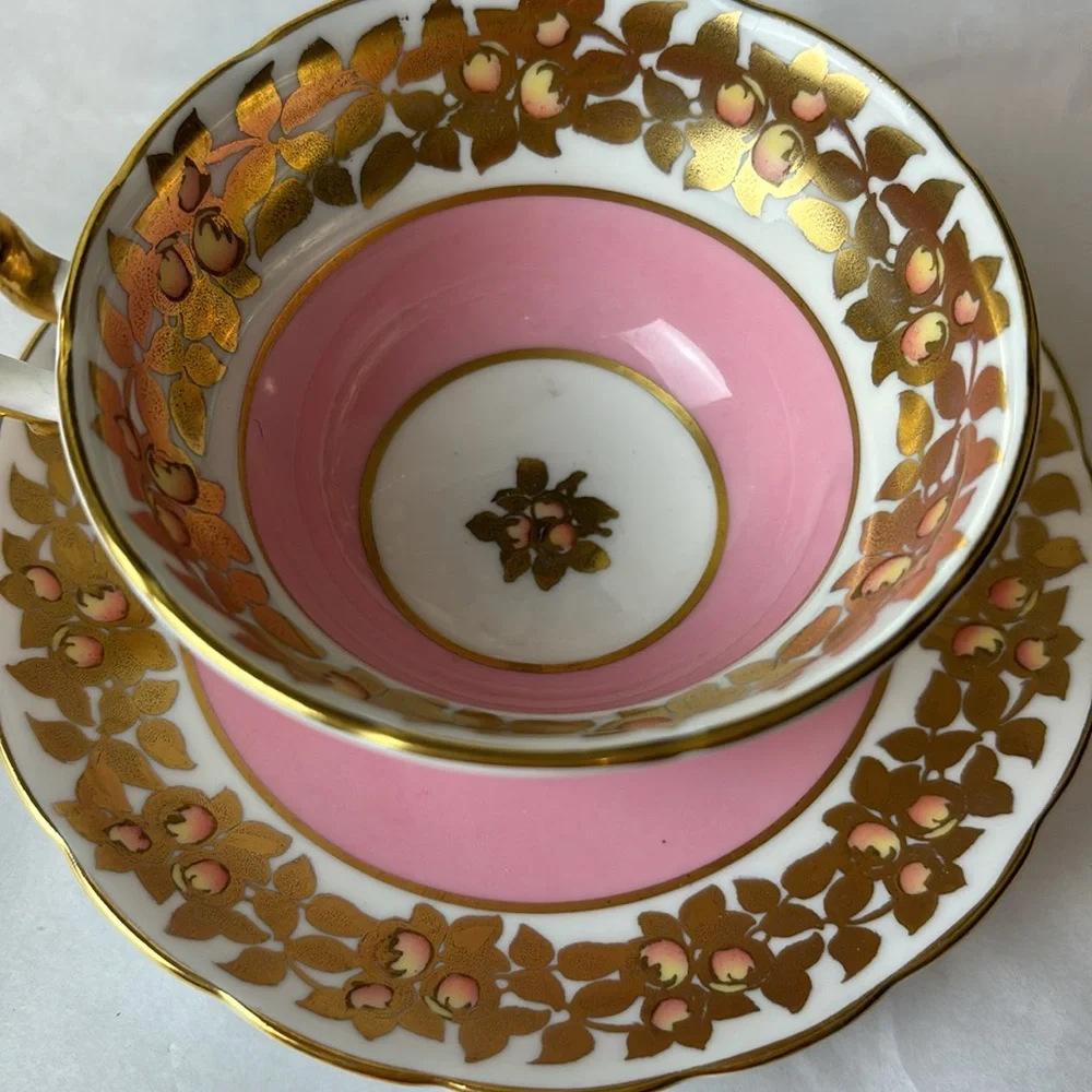 Antique Grosvenor Tea Cup and Saucer Set heavy gold vine with peaches